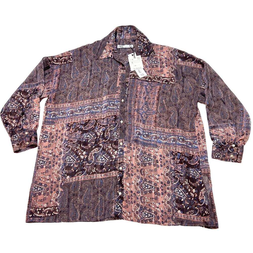 ZARA Loose Fit Button Shirt Women Small Brown Paisley Patch Print Long Sleeve